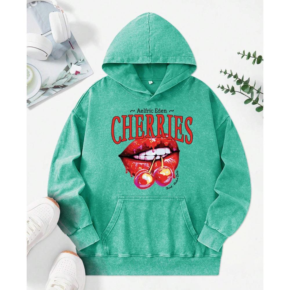 Cherries On The Lips Printing Female Washed Hoodies Fashion Cotton Hoody Creativity Multicolor Top Streetwear