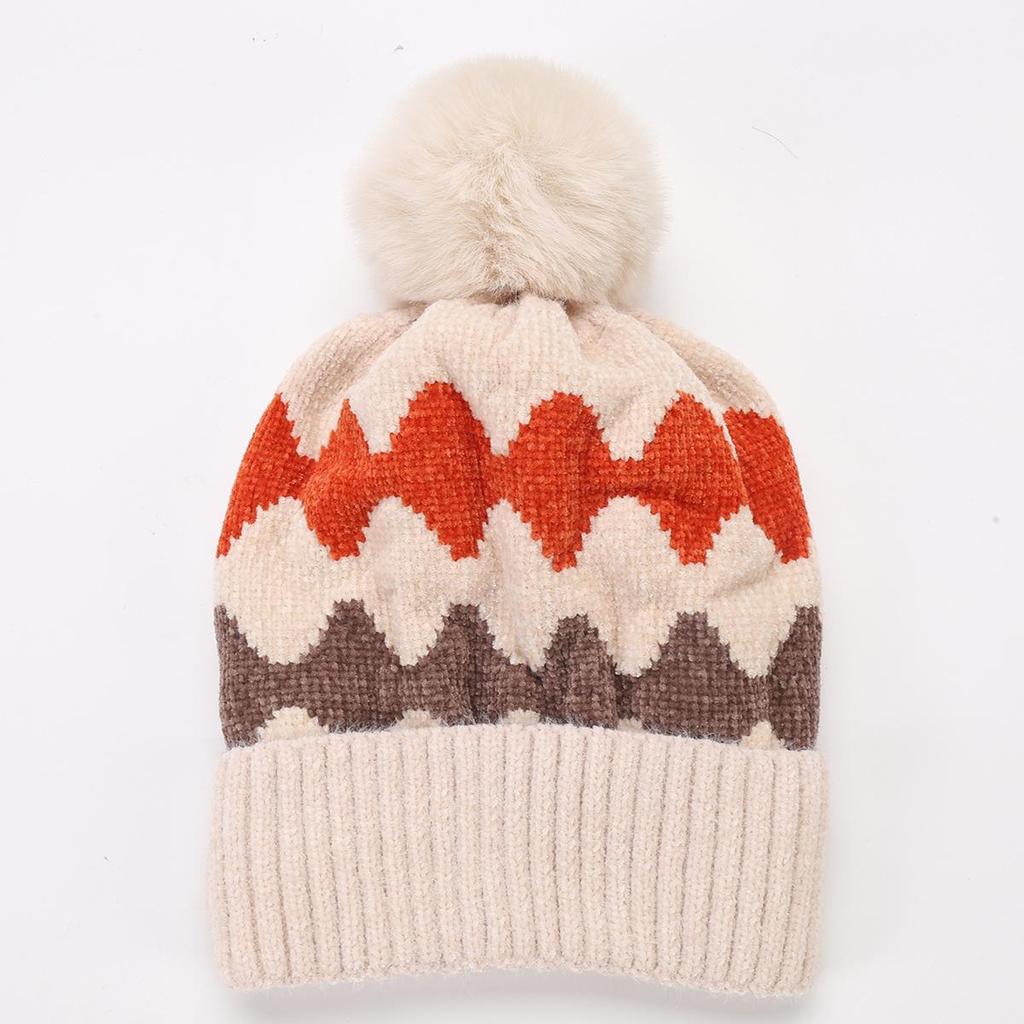 Women's Autumn Winter Plush Warm Knit Hat Chenille Soft Wave Wool Ball Wool Hat
