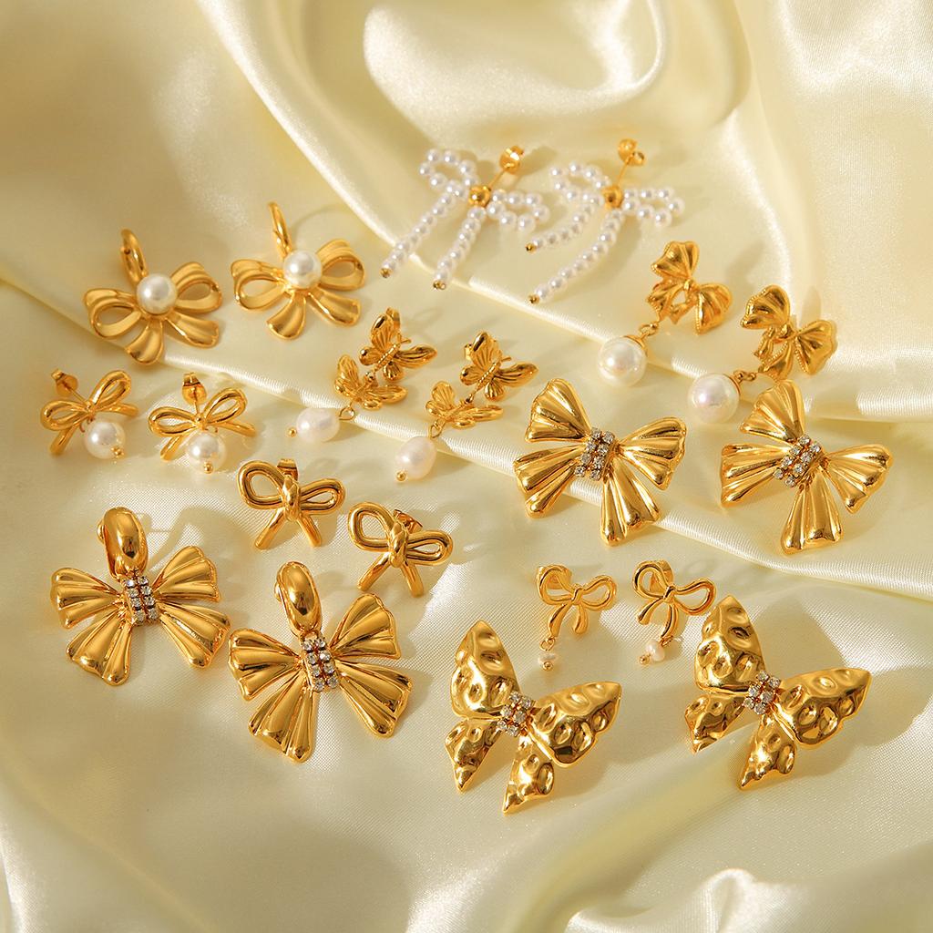 Titanium Steel Bow Ear Studs, 18K Gold Stainless Steel Butterfly Pearl Earrings, High-end Ear Jewelry