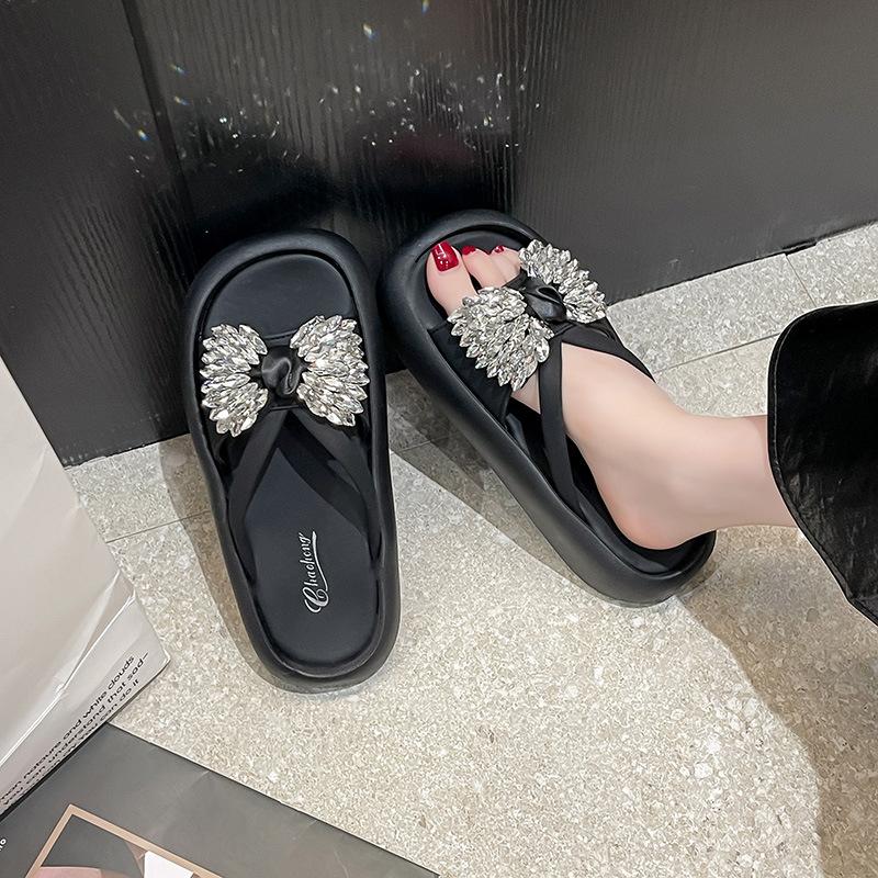 Thick-bottomed Cool Slippers Women's New High-end Sequined Bows In Summer 2025 Korean Style Fashion Outer Slippers