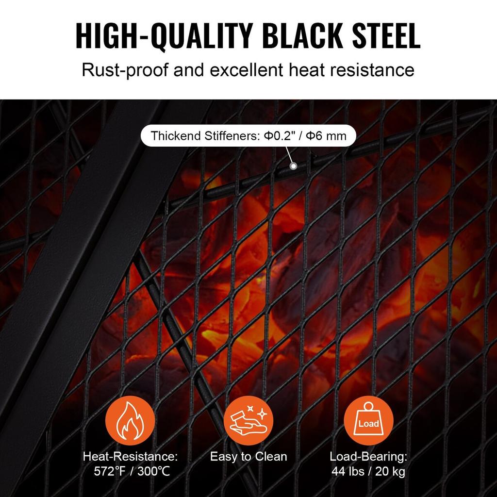 X-Marks Fire Pit Grill Grate, Foldable Round Cooking Grate, Heavy Duty Steel Campfire BBQ Grill Grid with Handle and Support X Wire, Portable Camping