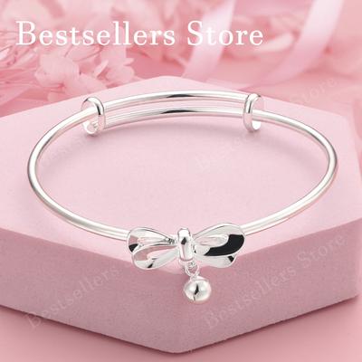 925 Sterling Silver Exquisite Bow Bell Adjustable Bangle for Women, Fashionable Wedding Party Jewelry
