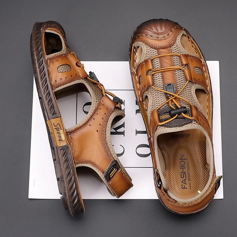 Sandals Men's Leather Baotou Casual Beach Shoes Men's Summer Outdoor Sports River Tracking Cool Slippers Non-slip Men's Shoes