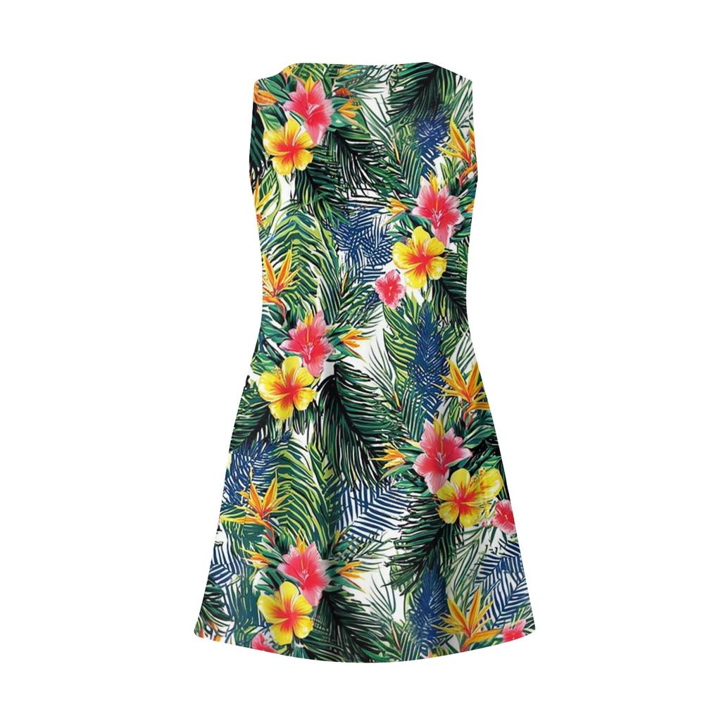 Women's Casual Fashion V-neck Sleeveless Floral Print Side Pocket Dress