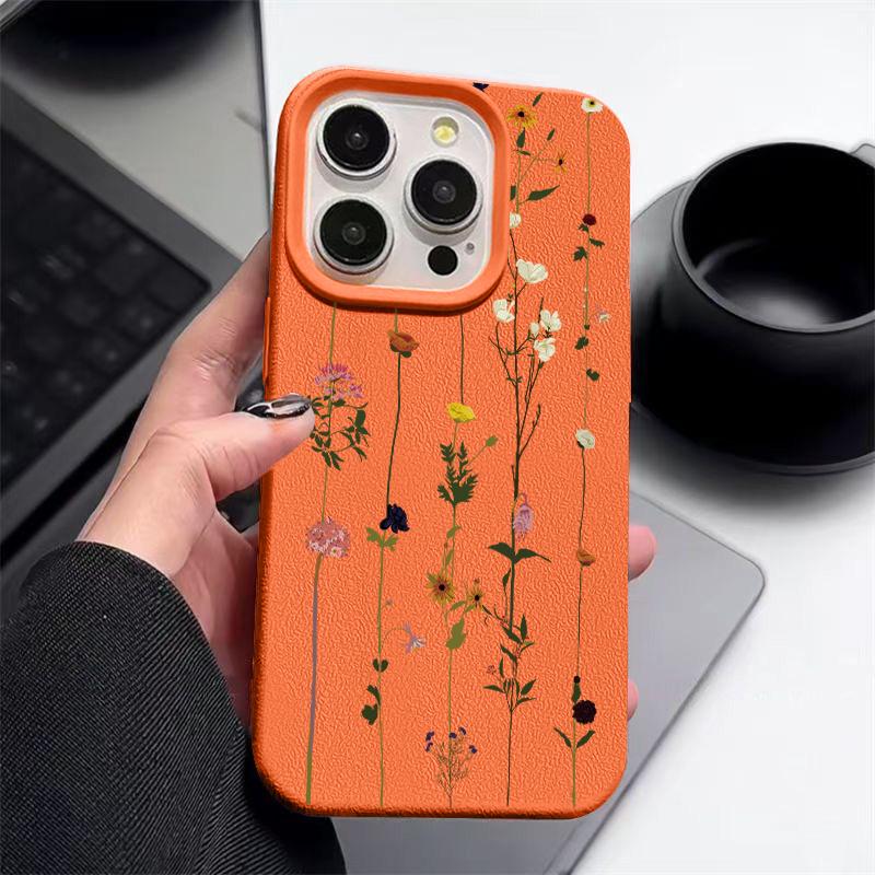 Jednoduchý květinový potisk Matná kožená textura Tenký kryt pro iPhone 16 Pro Max 15 Pro 14 13 12 11 TPU Měkký Nárazuvzdorný Kryt na telefon