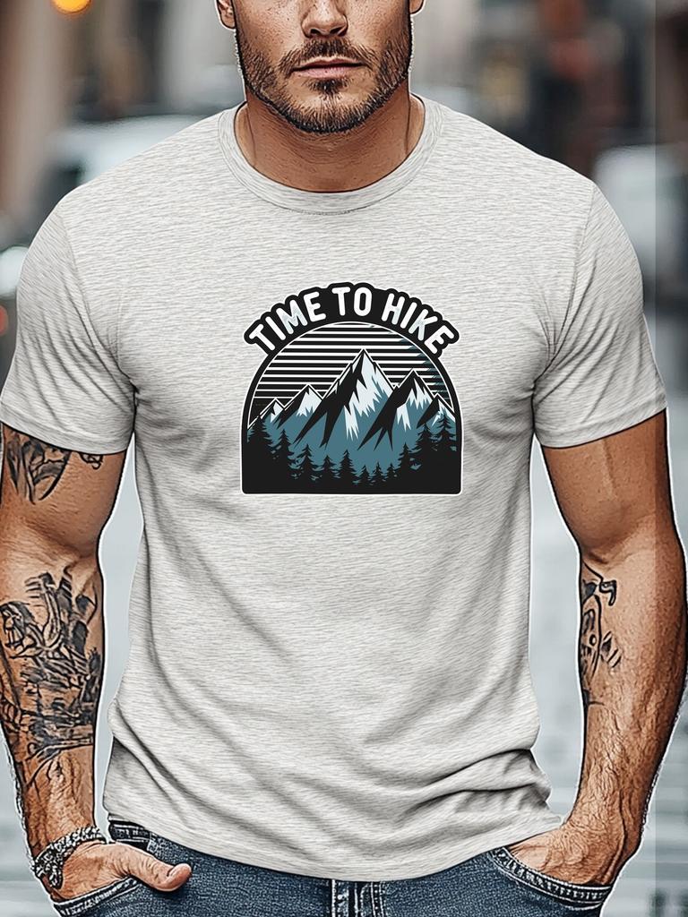 Mens Hiking TShirt Time To Hike Mountain Print Short Sleeve Round Neck Breathable Oversized Daily Wear TShirt