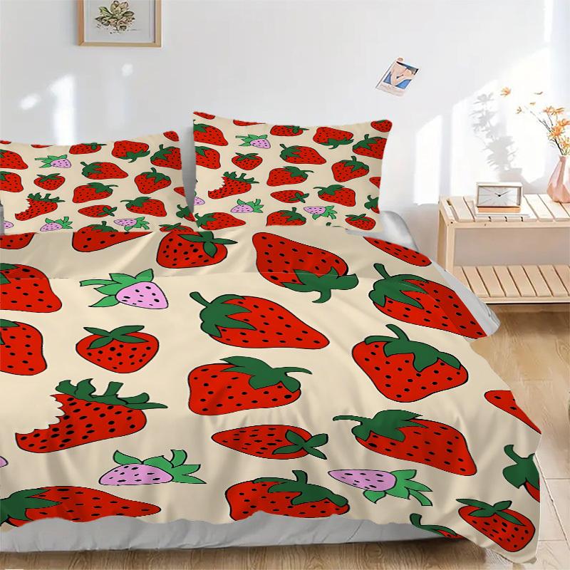

3pcs Strawberry Print Bedding Set, Breathable and Soft, Suitable for All Seasons, Ideal for Home Use, Suitable for Bedroom Decor 21144 135x200cm