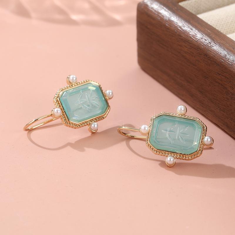 Vintage Gold Color Square Inlaid with Sea Blue Stones Earrings  Imitation Pearl Dangle Earrings for Women Jewelry