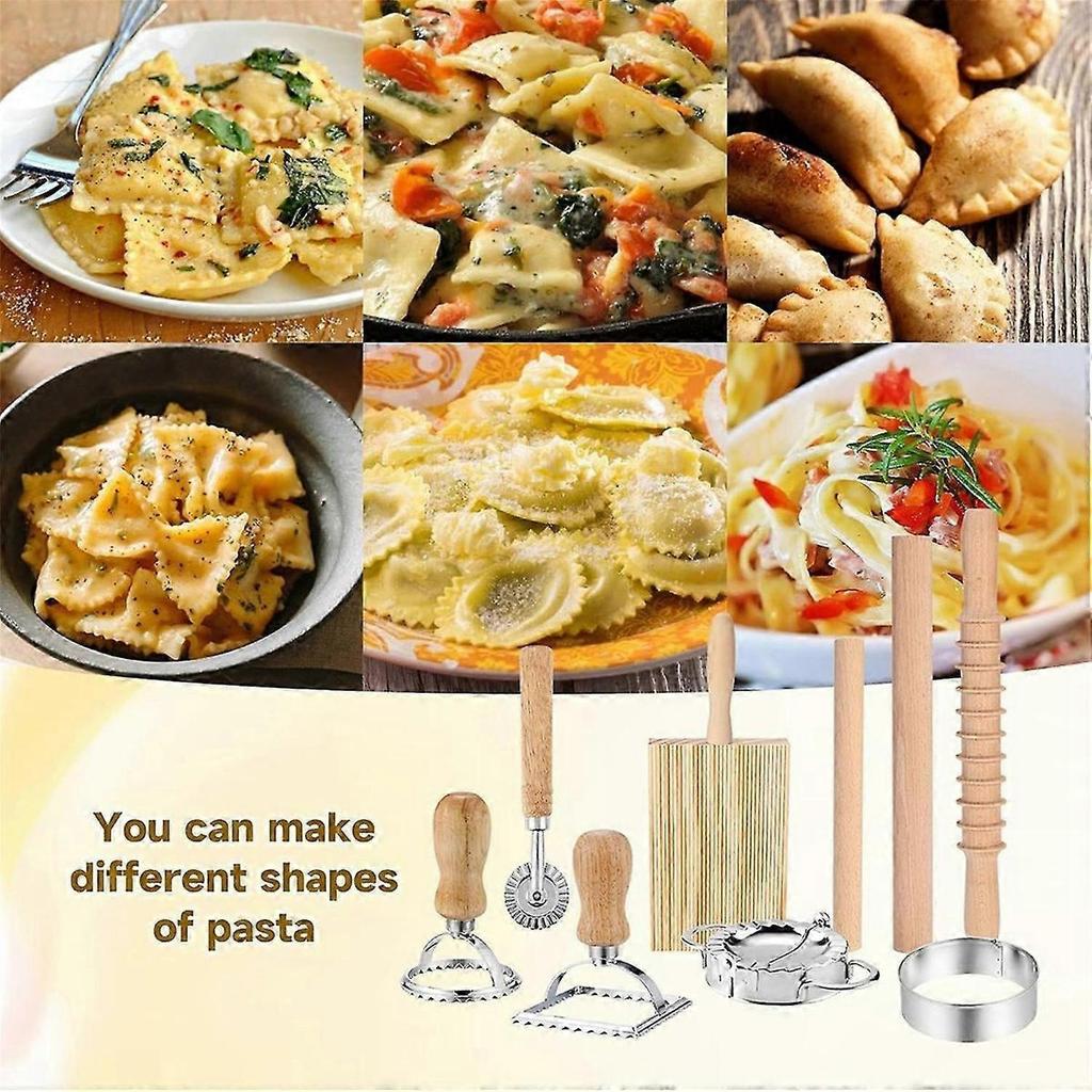 9Pcs Pasta Making Tools Set, Wooden Rolling Pin, Gnocchi Board, Ravioli Stamp Maker Cutter, Pastry Cutter Wheel