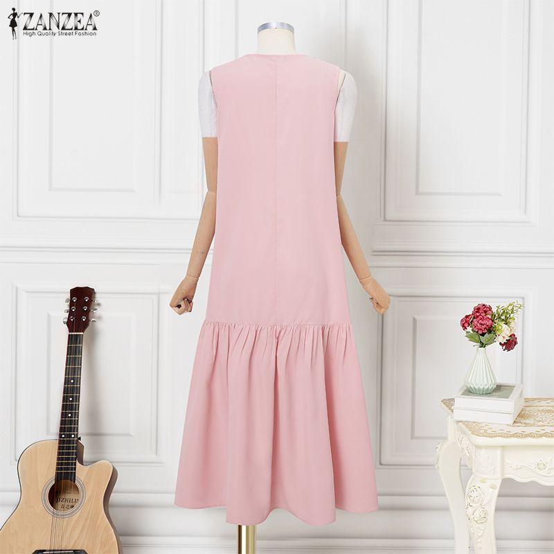 ZANZEA Women Daily Casual Round Neck Summer Sleeveless Long Dress