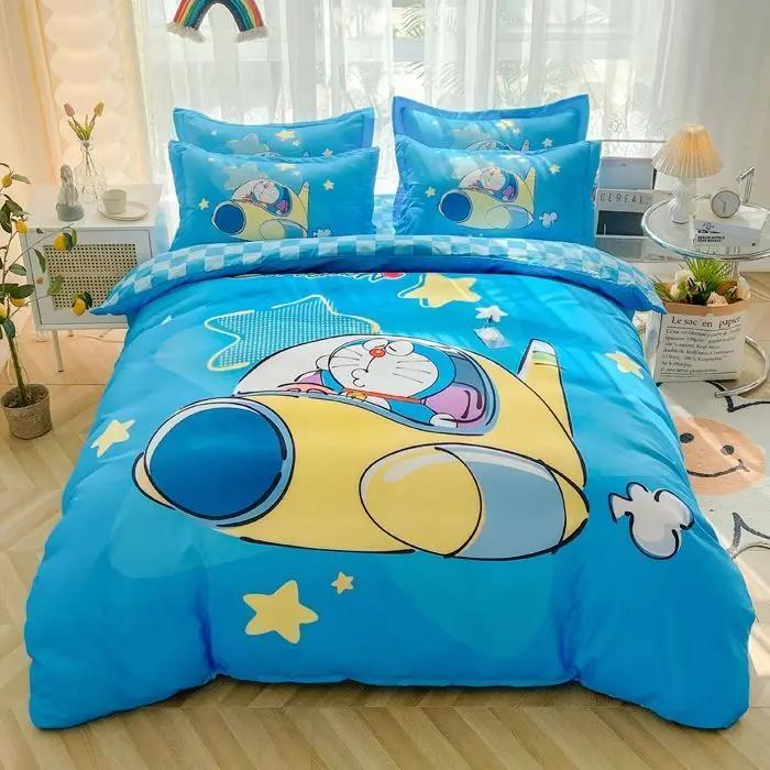 Doraemon Mechanical Cat Cartoon Style Pure Cotton Material Bed Three-piece Set Student Dormitory Dirty-Resistant Bedding