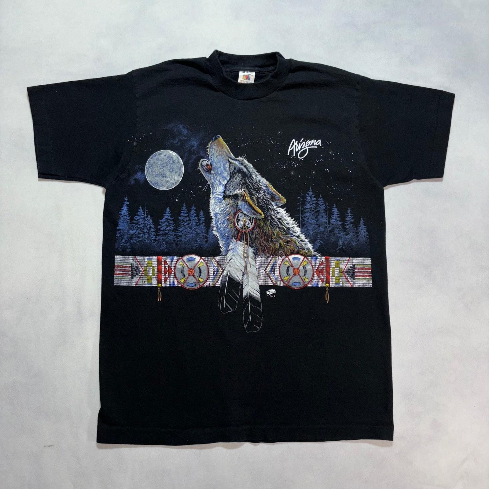 Vintage 90 s Wolf Native American T-Shirt Medium Black Single Stitch Arizona USA Unisex T-Shirt XL