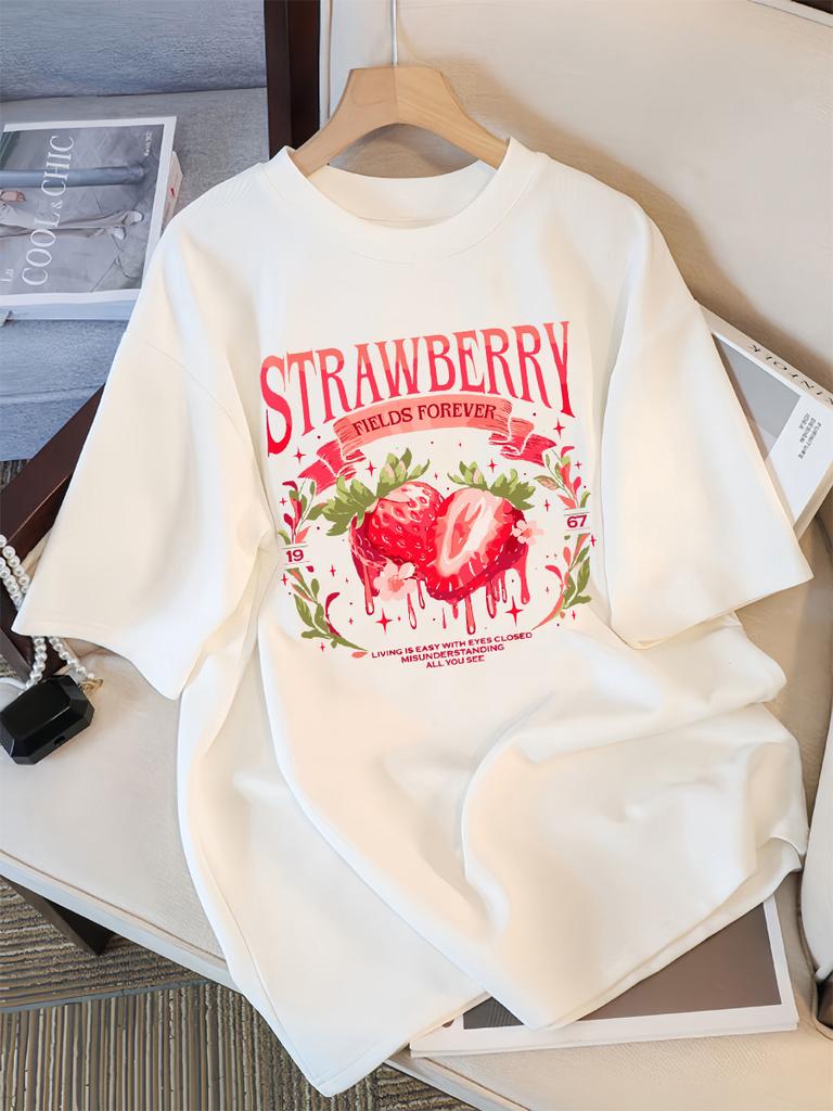 Strawberry Fields Forever Print T-Shirts Damen Atmungsaktives Baumwoll-T-Shirt Hip Hop Locker Streetwear All-Match Freizeitkleidung