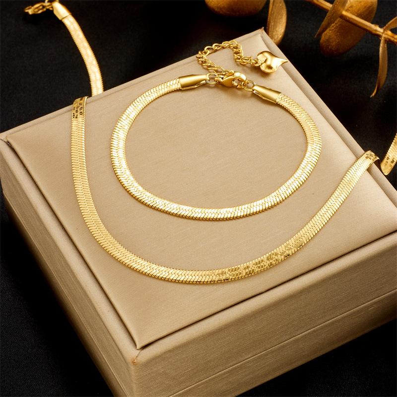 Italy Style Neutral Simple Gold-plated Printed Stainless Steel Blade Chain Necklace Bracelet Jewelry Sets for Women