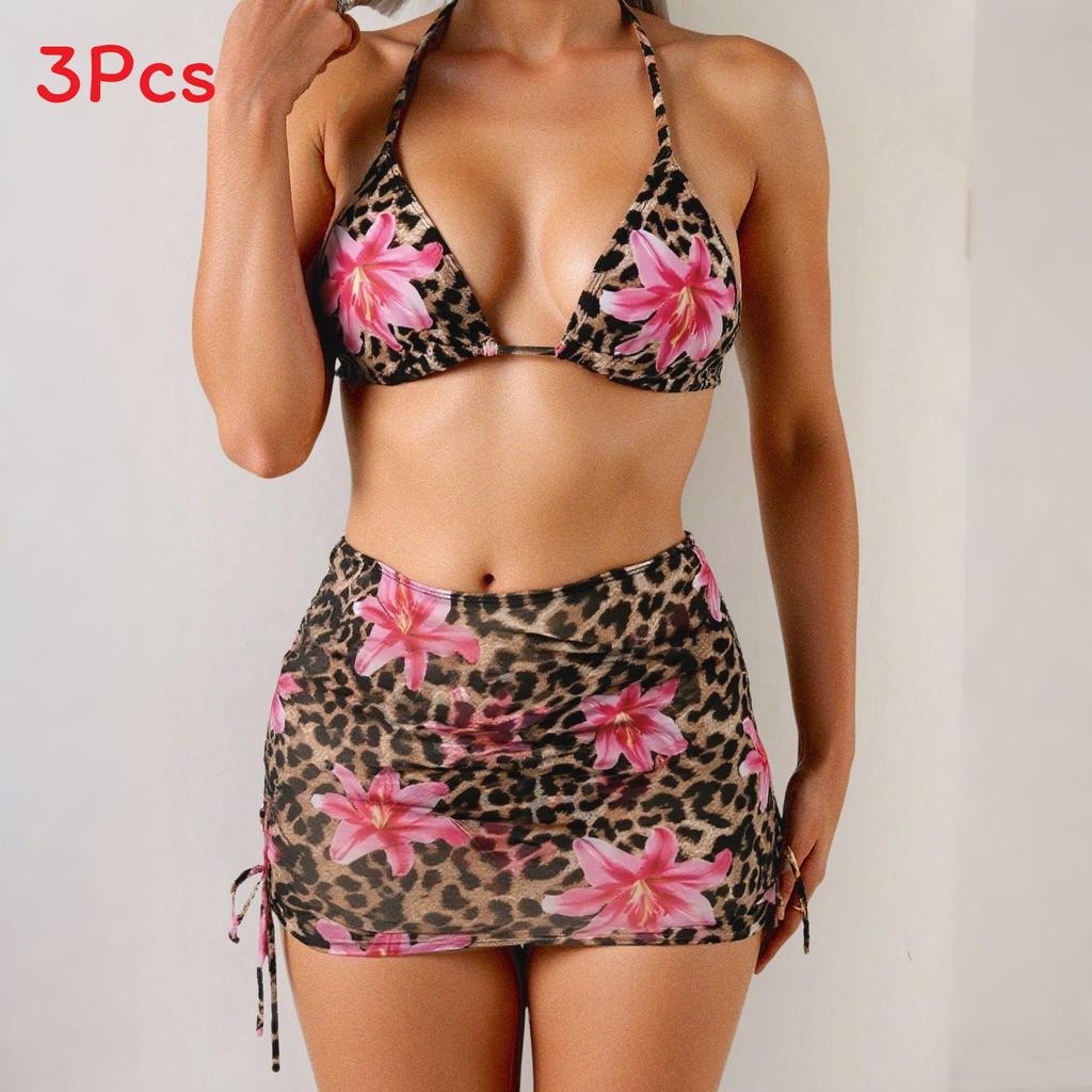 Leopard Print Bikini Set With Polyester Fabric And Padded Hanging Neck For Water Sports