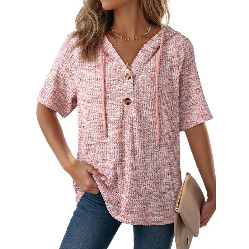 2026 Women's Clothing Summer New Waffle Knit Button V-Neck Drawstring Hooded Short Sleeve Top