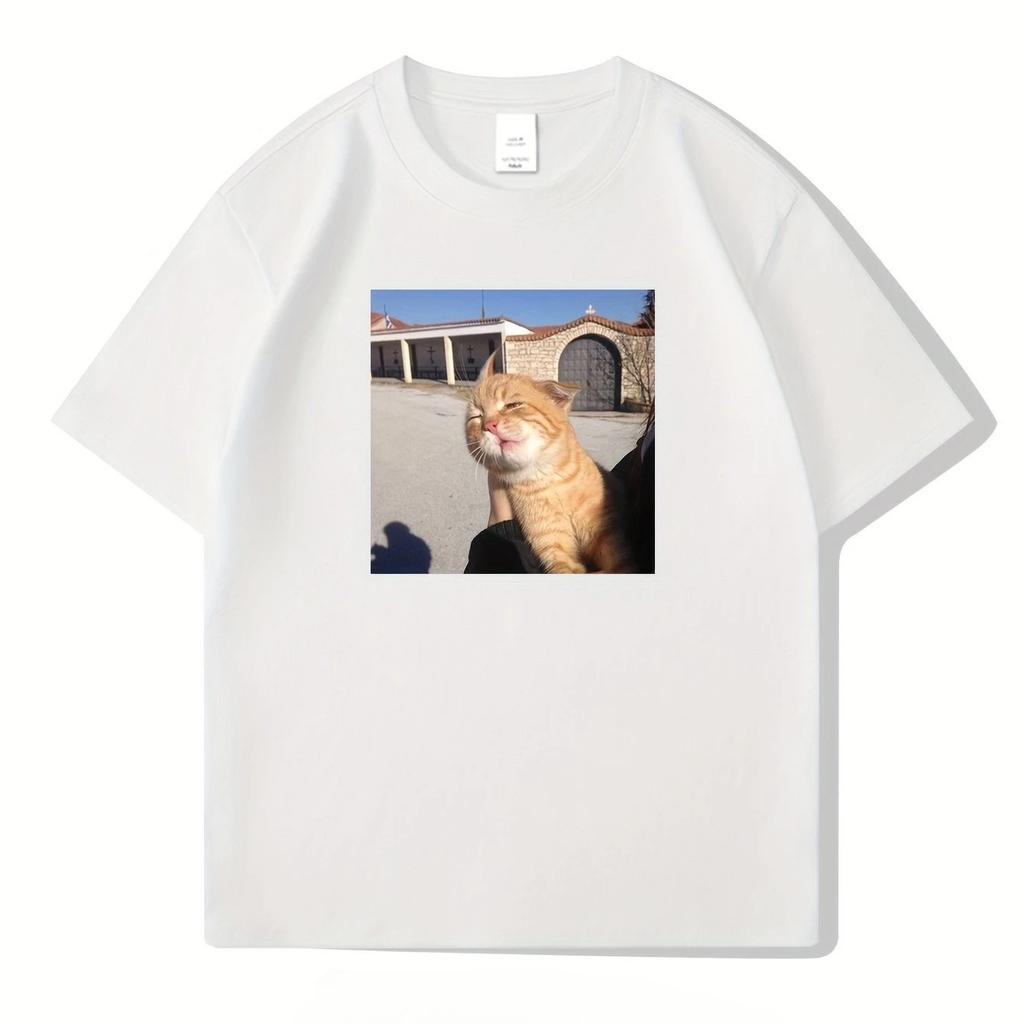Ein kurzärmeliges T-Shirt aus 100% Baumwolle und ein modisches Oberteil mit einem gedruckten Bild einer männlichen Internet-Katze, die viral geht