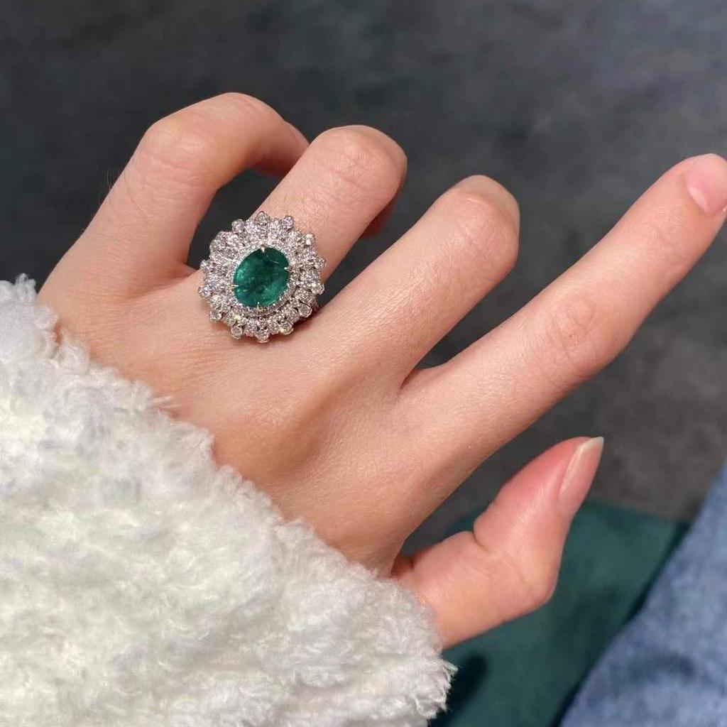 Xiancan Jewelry Oval Faceted Green Zircon Ring In 925 Silver with Multi-Layer Diamond Pave, European-American Style.