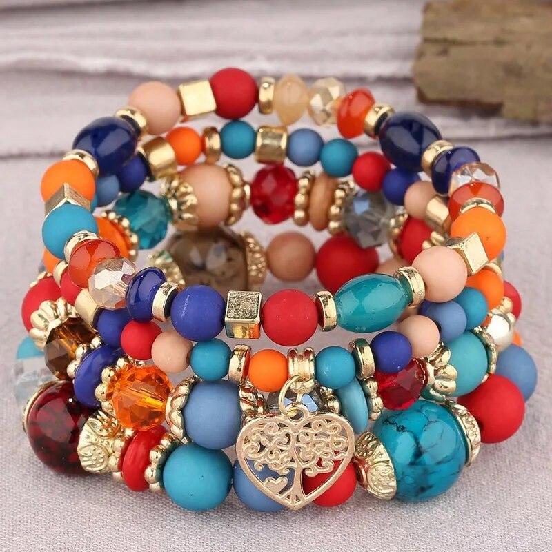 Bohemian Heart Tree Charm Bead Bracelets Set New Statement Multilayered Bracelets Pendant Charm Stretch Bangles Female Jewelry
