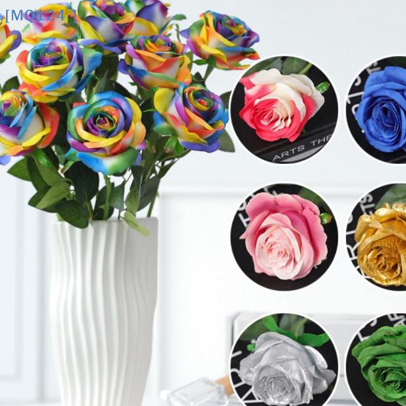 3PCS Realistic Touch Colorful Artificial Roses Flowers Rainbow Lifelike Silk Roses Flowers Non-Fading Plastic Fake Flowers