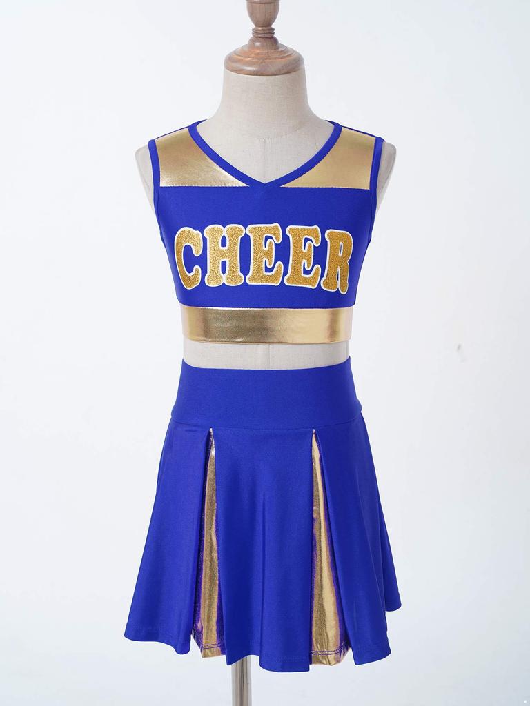 Girls Cheerleading Dance Set Sleeveless V Neck Letter Print Crop Top Elastic Waistband Skirt