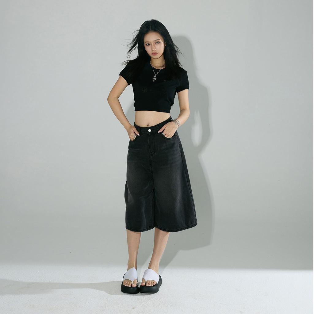 Fashion Summer Four Color Vintage High Waist Loose Wide Leg Straight Slimming Cropped Capri Denim Pants For Women Trendy Versatile AllMatch Design