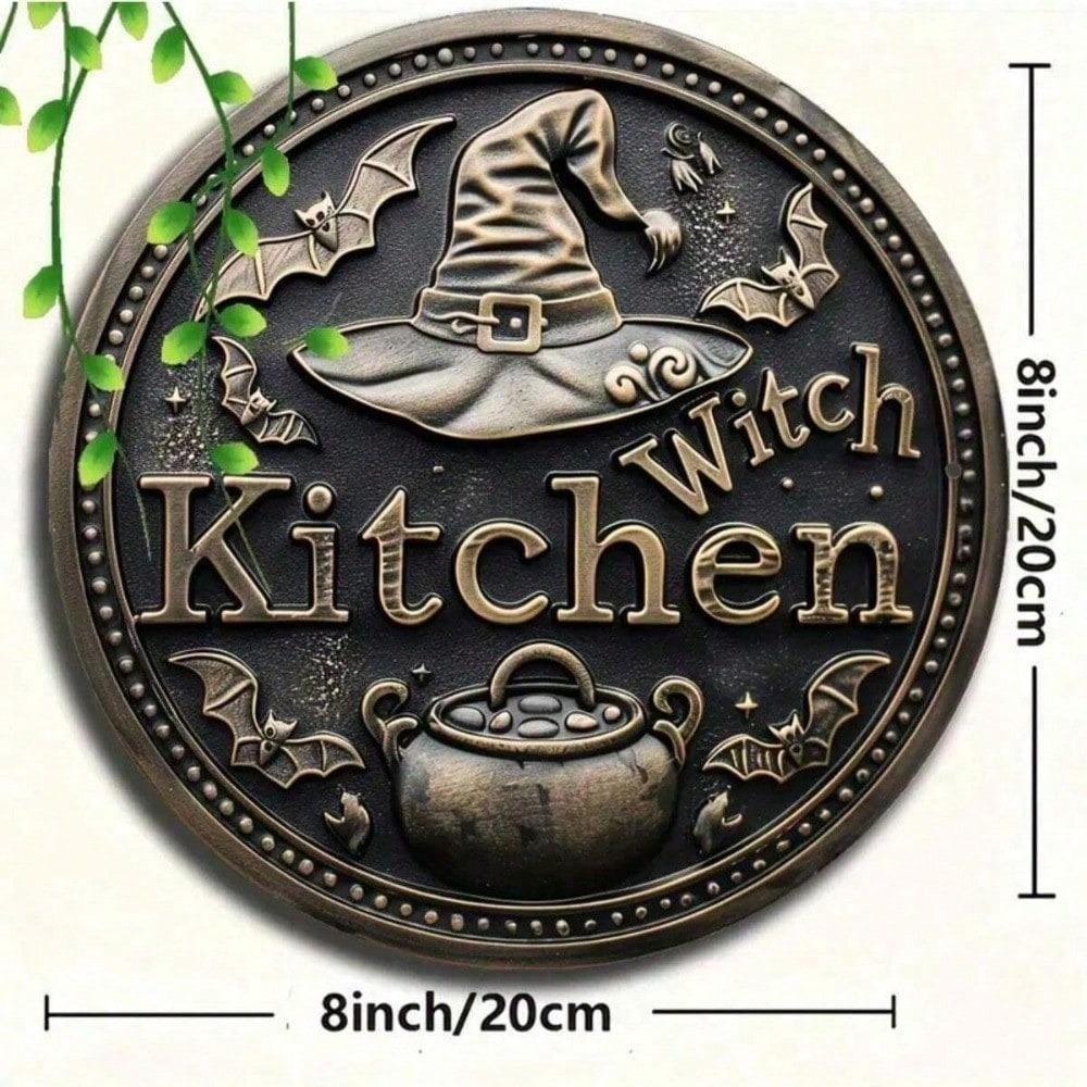 Vintage Witch Metal Wall Sign 8x8 Inch Gothic Iron Plaque Halloween Decor Home Kitchen Round Art