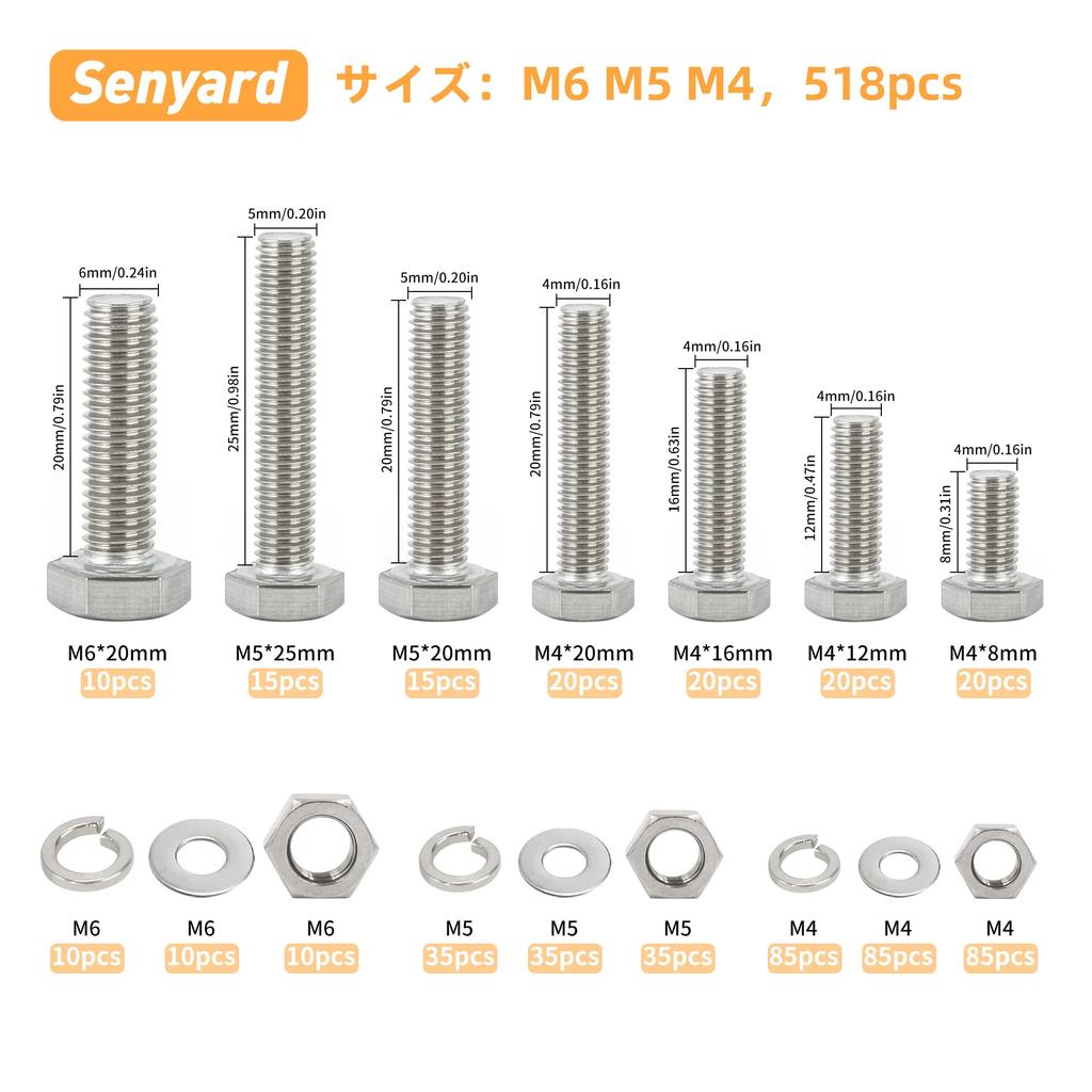 Senyard Hex Bolt and Nut Set of and M4 Hex Includes Stainless Steel and M4 Includes a Hex Wrench Storage Case Rust-Resistant Set, 518-Piece M6, M5,