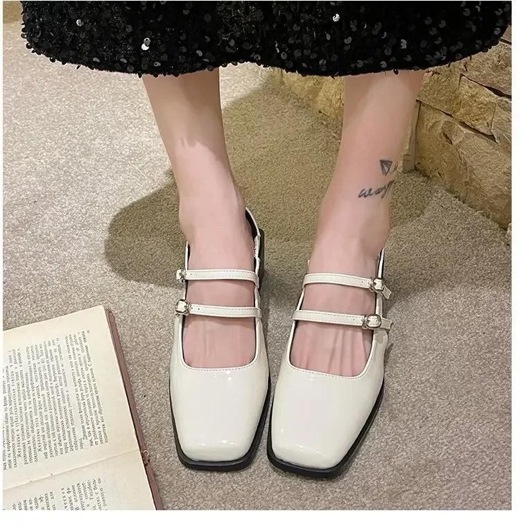 Fashion 2024 New Baotou Sandals Women Retro Square Headed Thick Heels High Heels Back Hollow Line with Bright Leather Shoes