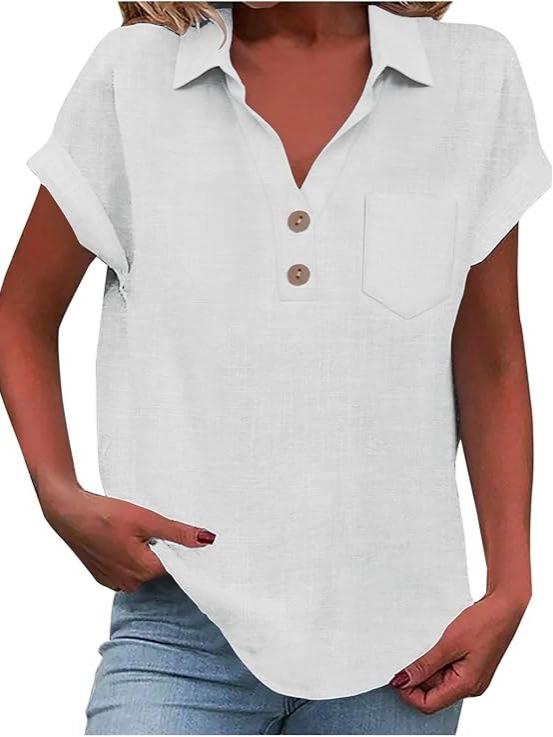 European Women's Cotton Linen Short Sleeve Lapel Button Shirt