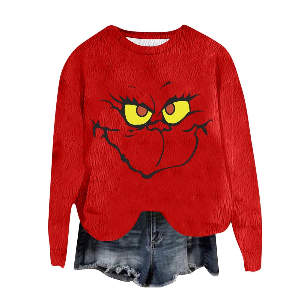 Women's Fashion Round Neck Pullover Top Long Sleeve Tee Christmas Printed Sweatshirt