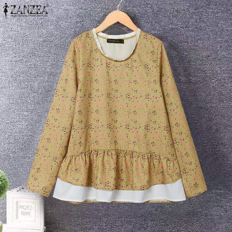 ZANZEA Women Casual Round Neck Long Sleeve Floral Print Contrast Color Blouses
