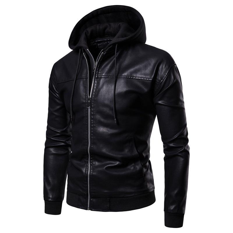 

Men s PU Leather Motorcycle Jacket with Detachable Hood XL