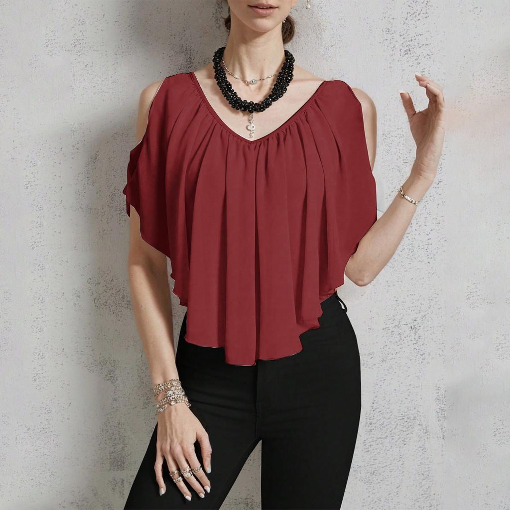 Women's Casual V-neck Off-shoulder Solid Color T-shirt