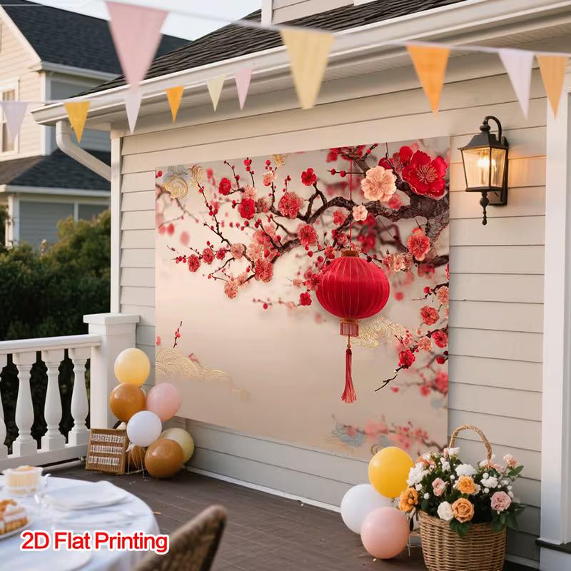2D Spring Festival Tapestry, Traditional Red Lantern & Floral Background