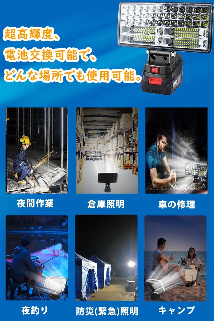 Luz de Trabalho LED Sem Fio, 8000 Lúmens, Compatível com 14.4V18V, Luz de Pesca, Portas de Carregamento de Saída Dupla, IP66 à Prova d'Água e à Prova de Poeira, Potência