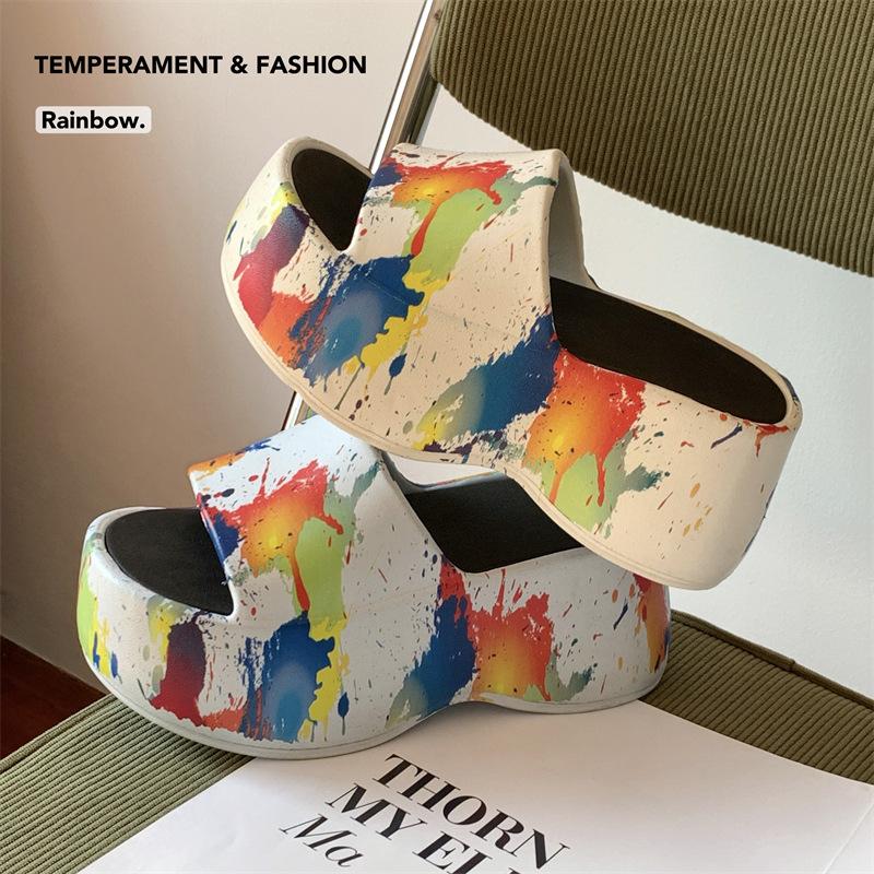 

Fashion Ladies Platform Shoes 2025 New Summer Height Increase Slippers Woman Colorful Printing Outdoor Fashion Non Slip Beach Shoes 36-37 белый