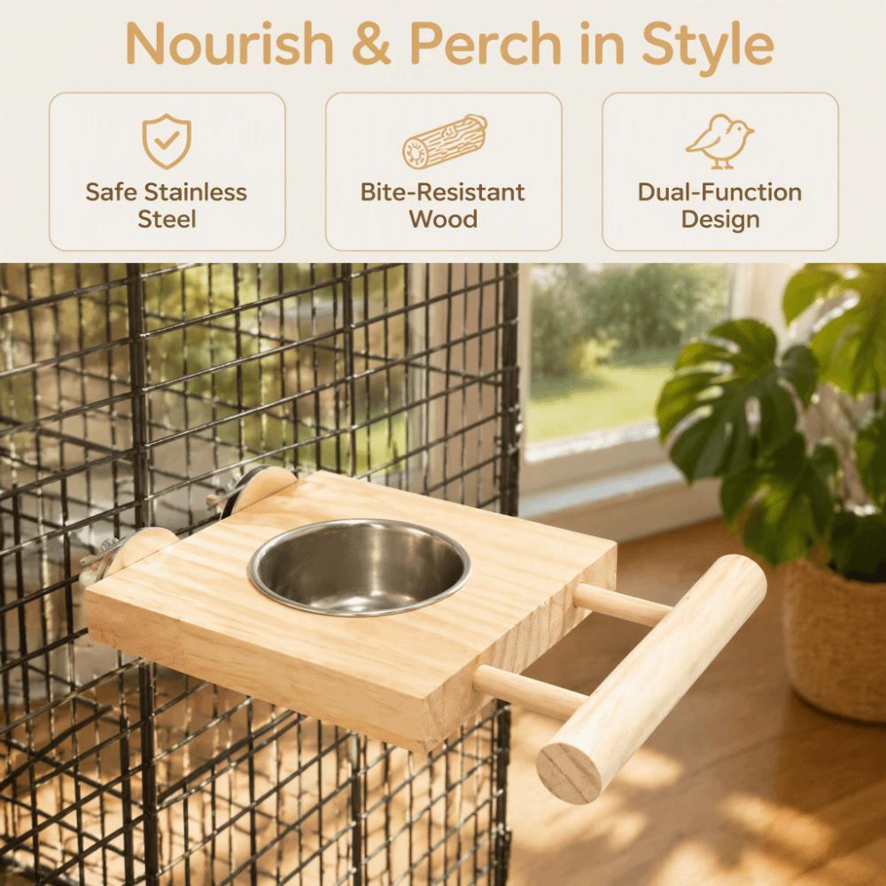 Stainless Steel Parrot Feeding Bowl Wooden Perch Stand Stainless Steel Water Feeder For Parakeets
