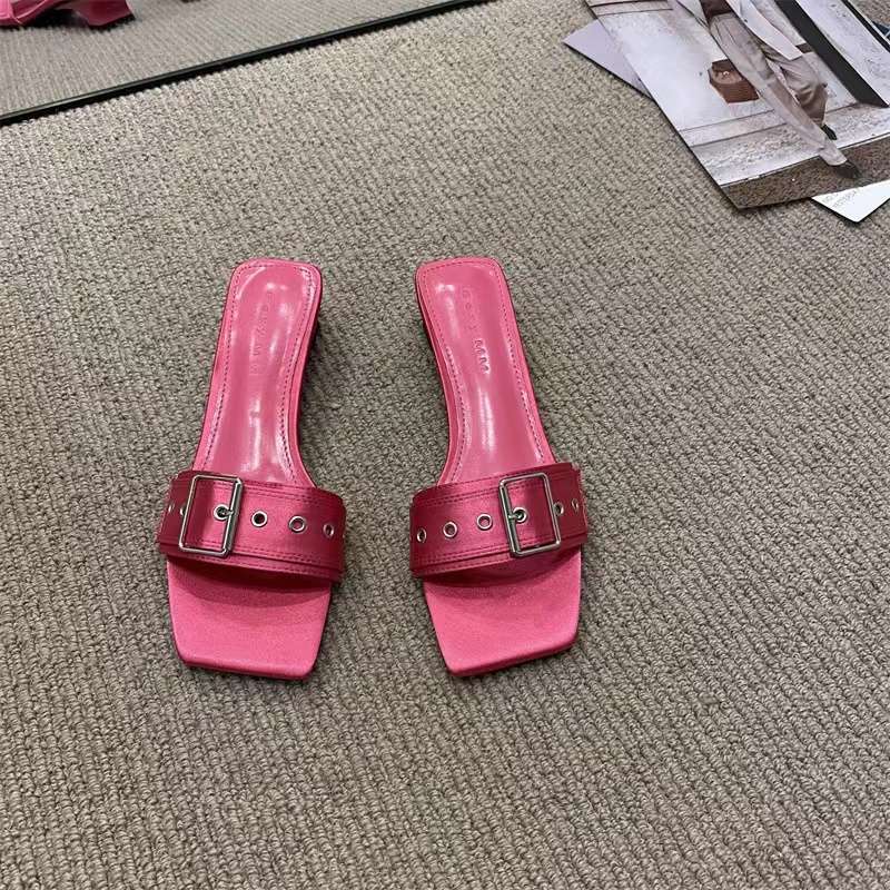 Korean Version of Square Head One-word Drag Rose Red Square Buckle Thin Belt Buckle Square Heel Temperament Low Heel Cool Slippers Women's Summer