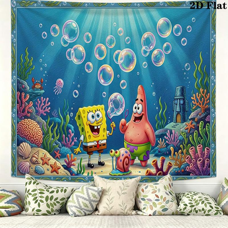 Yellow Sponge Cartoon Wall Tapestry Aesthetic Wall Hanging Printed Fabric Blanket Decorative Tapestries for Bedroom Living Room Home Decor