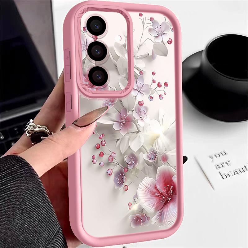 Pink White Flower Pattern Case For Samsung Galaxy A57 A37 A17 A56 A36 A26 A16 5G A55 A35 A15 A54 S21 FE S22 S23 S24 Plus S25 Edge S26 Ultra Cover