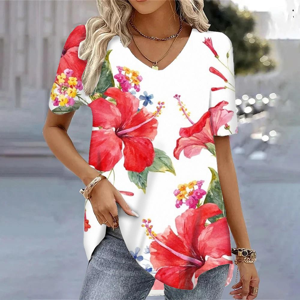 Women's T-shirt 3D Floral Pattern Printing Casual Short-sleeved V-neck Loose Top