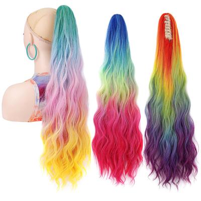 Prodlužování vlasů do culíku Duhová Ombre Barva Dlouhé Vlnité Culíky Sponka s Drápkem Na Culík Syntetický Příčesek Cosplay Paruky