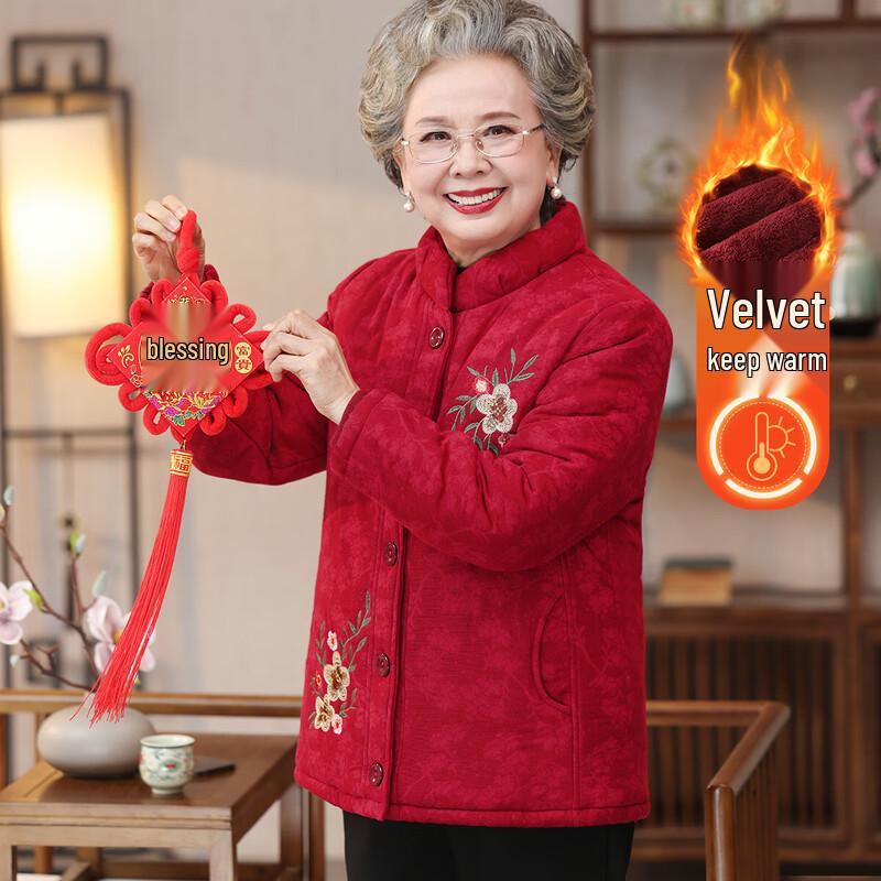 Elderly Women's Floral Plush-Lined Winter Padded Jacket