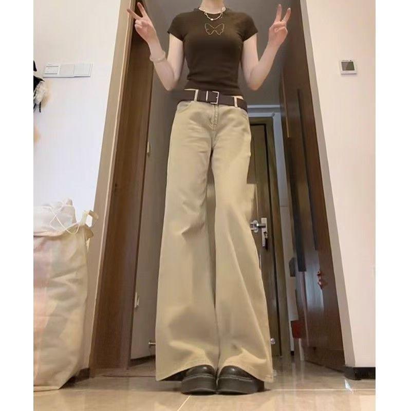 Khaki Slimming Micro Flare Low-Waist Floor-Length Jeans for Women