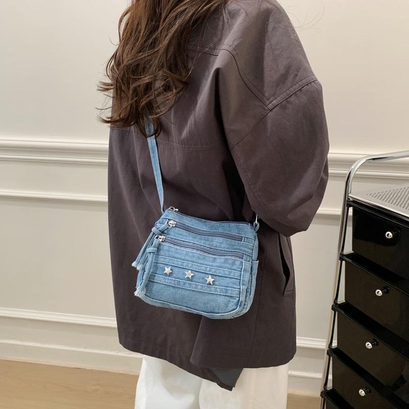Womens Denim Crossbody Bag Casual Small Shoulder Purse Multi Zipper Handbag for Daily Use