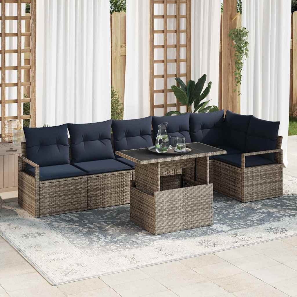 7 Piece Garden Sofa Set with Cushions Gray and Navy Blue Poly Rattan