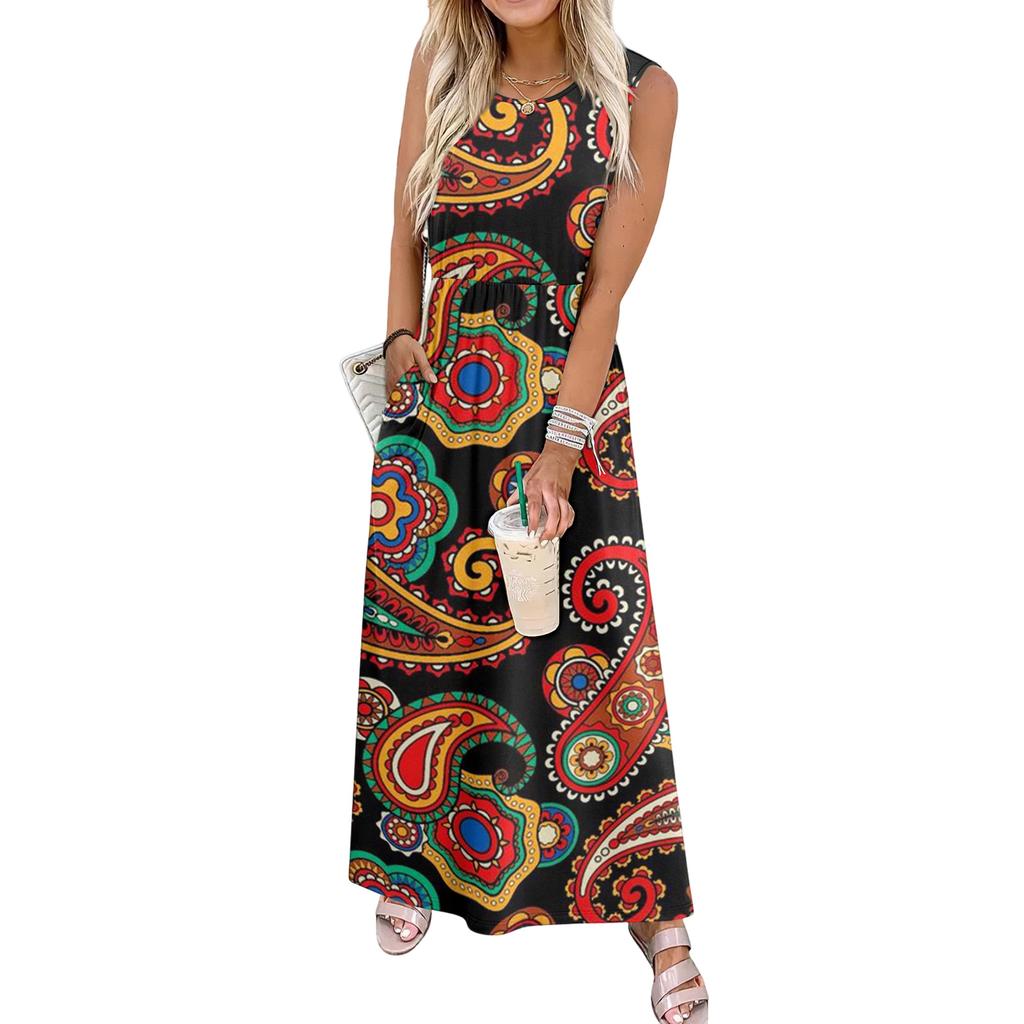 Ladies' Floral Print Casual And Fashionable Waist Cinched Sleeveless Dress