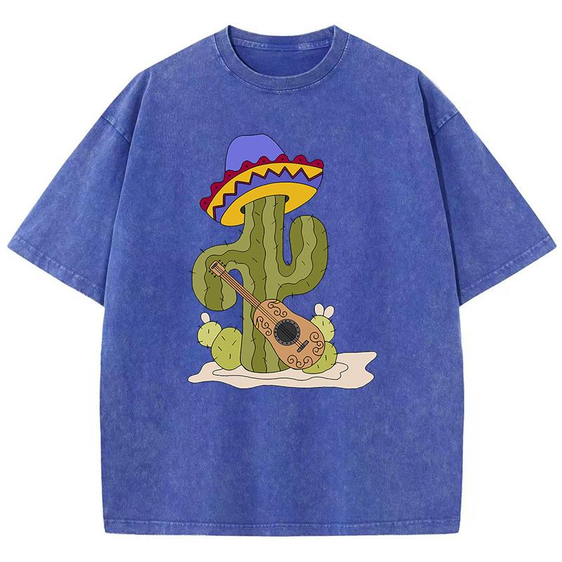 Cartoon Cactus Talking About Guitar Printed Tshirt Homme Versatile Loose Tees Aesthetic Oversized T-Shirt Tops