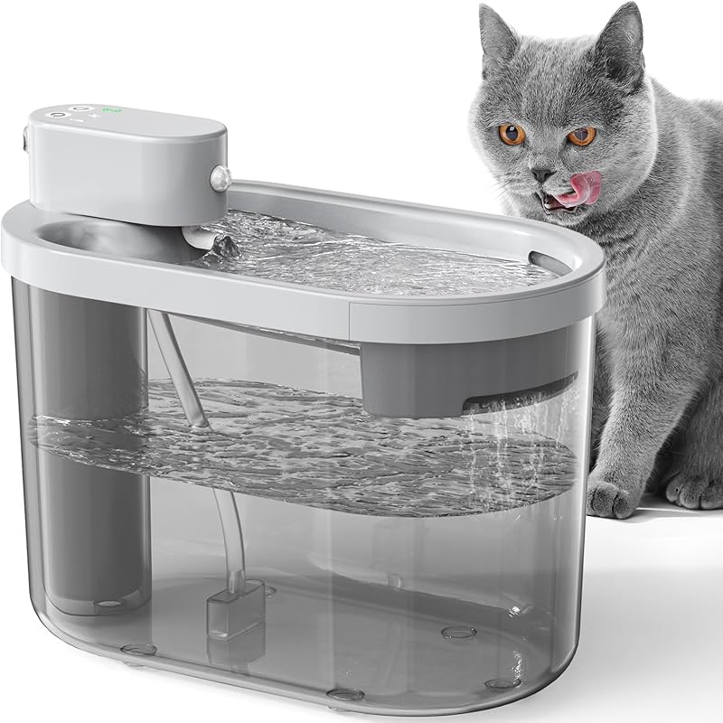 Cordless & Rechargeable Battery Operated Cat Water Fountain, Ultra Quiet Cordless Pet Drinking Fountain with Motion Sensor, 74oz/2.2L Automatic Cat